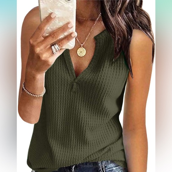Olive Green Sleeveless V-Neck Tank Top - Picture 1 of 3